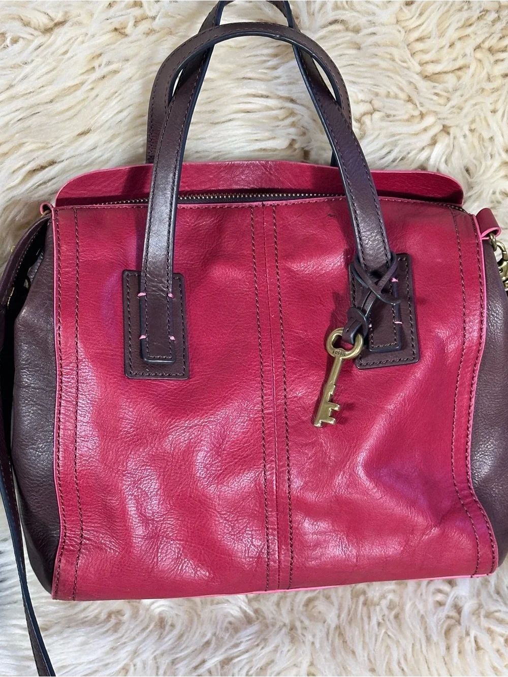 Fossil Pink and Brown Leather Satchel with Key Charm